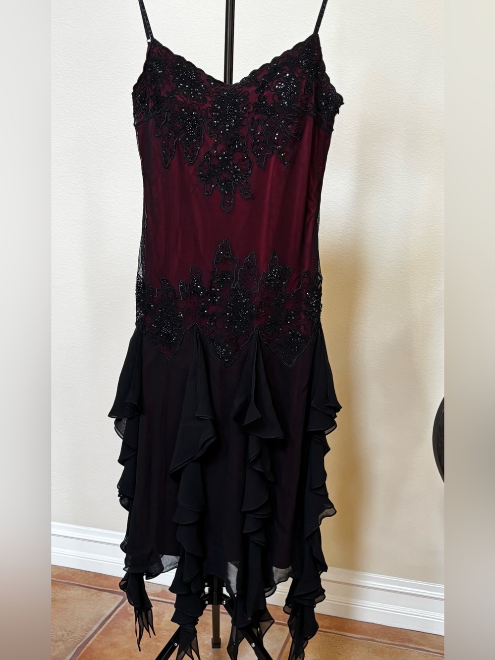 Y2K Era Sue Wong Black and Red/Burgundy Fairycore/Wimsygoth Beaded Dress